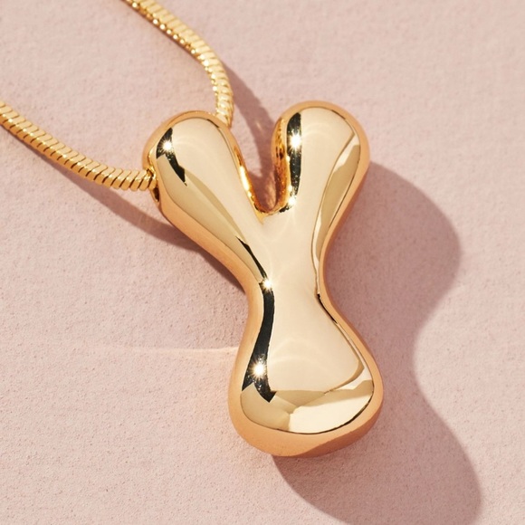 Anthropologie Bubble Letter Monogram Necklace Initial Y Gold Plated Brass New - Picture 1 of 5